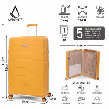 Aerolite 32” XL 144L Polypropylene (PP) Checked Luggage – Lightweight Extra Large Hard Shell Suitcase with 4 dual Spinner Wheels, TSA Lock & Waterproof Pocket – Mango